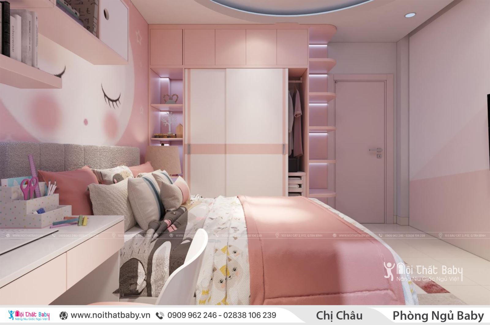 Phòng ngủ bé gái màu hồng siêu dễ thương